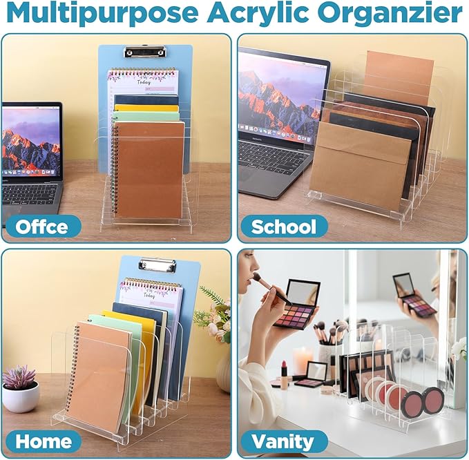 File Organizer for Desks Acrylic Vertical File Holder for Desk 5 Sections Desk Top Clear Workspace Sorters Folder Organizer Rack Stand for Letter Document Notebook Binder Office School Home