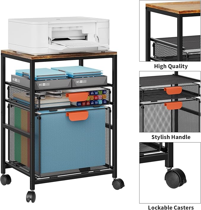 Marbrasse Rolling file cabinet with Handle, Mobile File Cabinet on Lockable Wheels, Office Filing Cabinet Organizer, Printer stand with Hanging File Folder Organizer for Home Office - Black