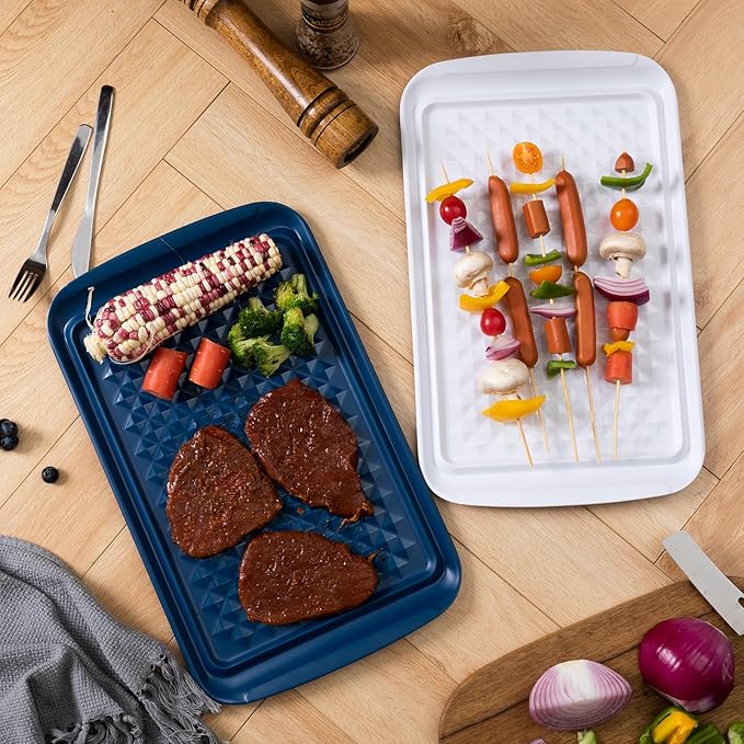 LEHAHA Grilling Prep Trays, Melamine BBQ Prep and Serving Platter and Tray for Outdoor Entertaining, Food Serving Tray, Set of 2, 17" x 10.5", Blue and White