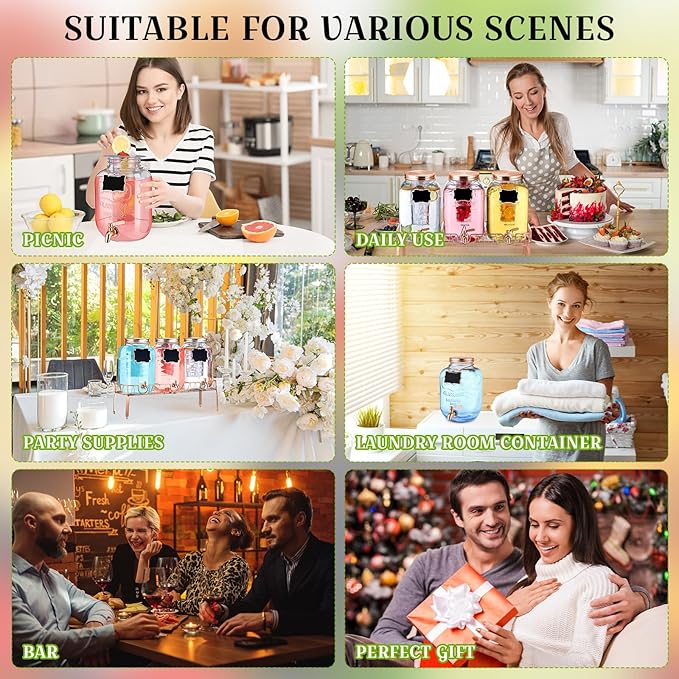 Lallisa 3 Pcs 2 Gallon Glass Drink Dispenser with Stand and Lid Mason Jar Beverage Dispenser with Stainless Steel Spigot, Hanging Chalkboard Signs, Fruit Infuse, Ice Cylinder, Liquid Pen (Rose Gold)