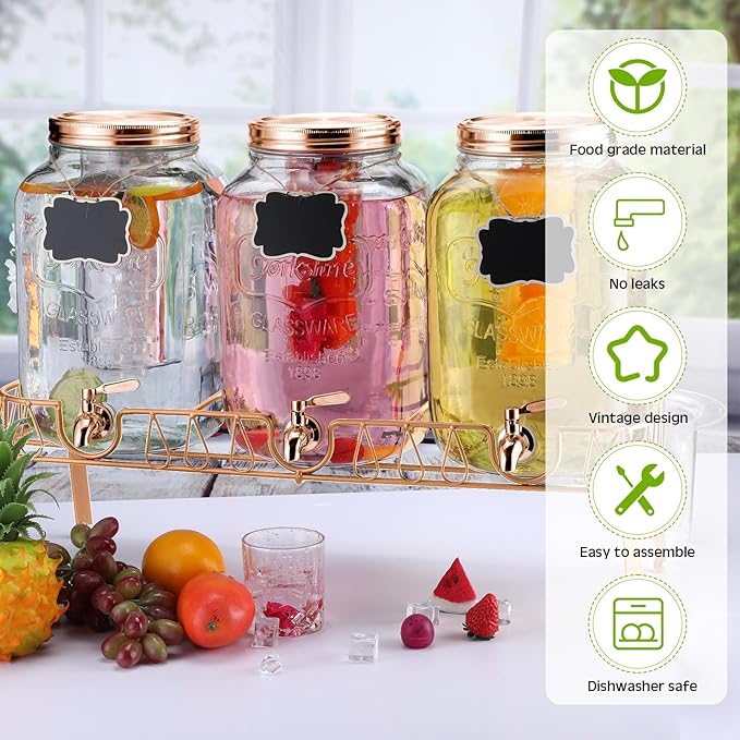 Lallisa 3 Pcs 2 Gallon Glass Drink Dispenser with Stand and Lid Mason Jar Beverage Dispenser with Stainless Steel Spigot, Hanging Chalkboard Signs, Fruit Infuse, Ice Cylinder, Liquid Pen (Rose Gold)