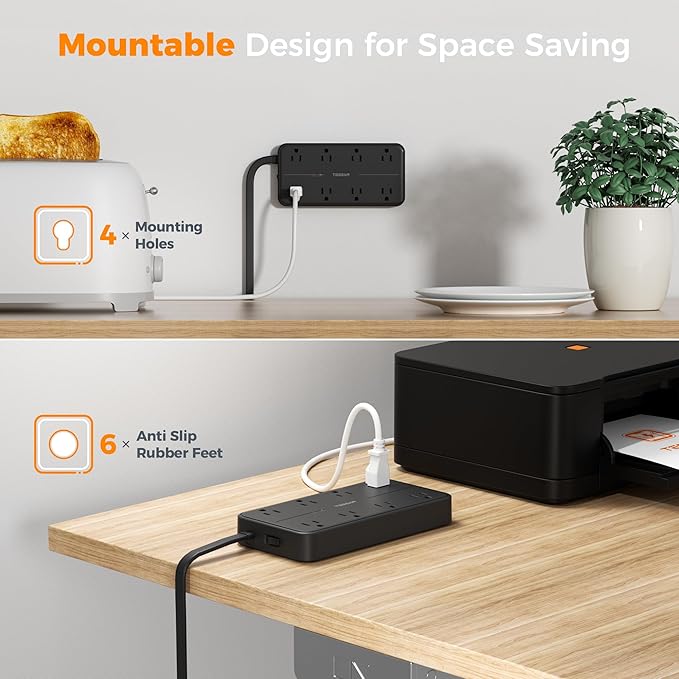 2000J Surge Protector Power Strip, TESSAN 5 FT Extension Cord with Multiple Outlets Flat Plug, 3 USB (1 USB C) and 8 AC Outlets, Wall Mount USB Charging Station for Home Office Supplies, Black