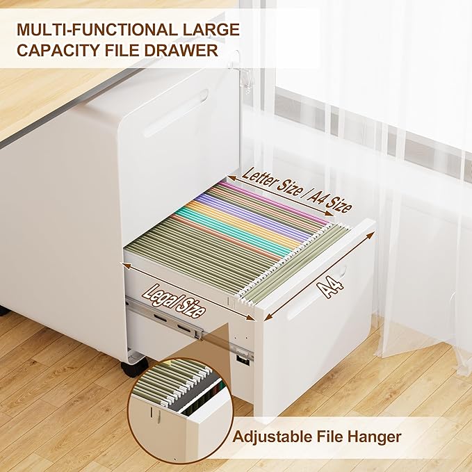 2 Drawer File Cabinet with Lock and 4 Keys, Mobile Metal Filing Cabinet, File Cabinets for Home Office, Under Desk, Pre-Assembly, File Drawer, Letter/Legal/A4 Hanging File Folders
