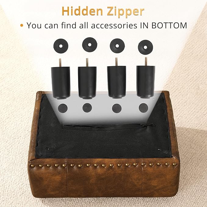 LUE BONA Small Tufted Foot Stool, Yellowish Brown Rivet Faux Leather Footrest with Plastic Legs, 9''H, Rectangle Foot Stools for Adult with Non-Slip Pads, Sofa Footstool for Living Room, Couch