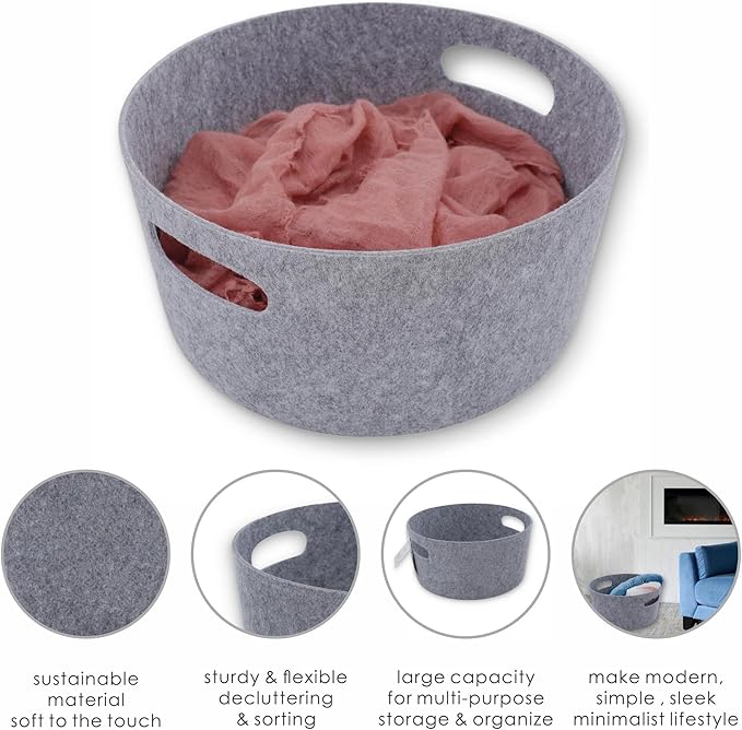 Welaxy Large Storage Basket Felt Open Storage Bins Desk Organize bin Shelf Box with Handles Light Weight for Magazines Books Junk Kids Toys Pet Toy Clothes Laundry Organizer Round (Gray)