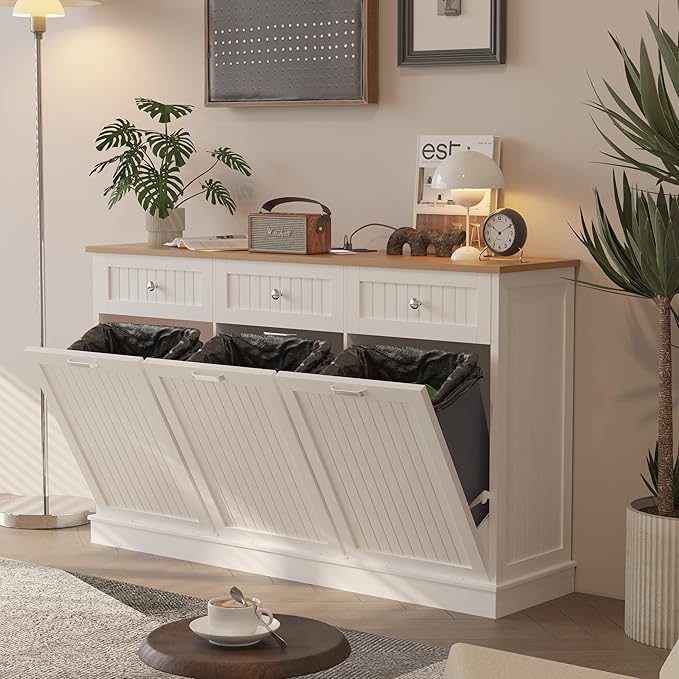 30 Gallon Tilt Out Trash Cabinet, Wooden Kitchen Trash Can Cabinet with Hideaway Drawer, Freestanding Laundry Hamper Garbage Recycling Cabinet on Wheels, Pet Proof, Triple, White