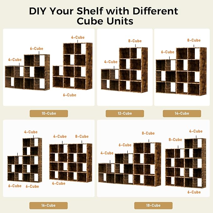 COMHOMA 4 Wood Cube Storage Organizer with Open Back and Removable Back Panels, 11In Brown Cube Storage Bookshelf, Cubicle Shelf Bookcase for Home Office Bedroom Living Room, Vertical or Horizontal