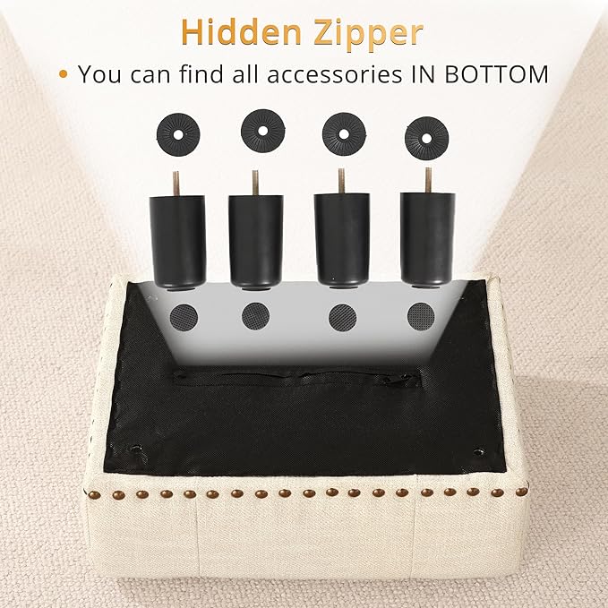 LUE BONA Small Tufted Foot Stool, Beige Linen Rivet Tufted Footrest with Plastic Legs, 9''H, Rectangle Foot Stools for Adult with Non-Slip Pads, Sofa Footstool for Living Room, Couch