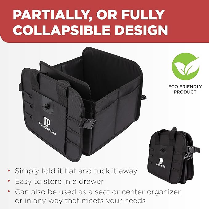 TRUNKCRATEPRO Car Organizers and Storage Premium Adjustable Multi Compartments Car Storage Organizer | Portable and Foldable SUV Trunk Organizer for Car (Standard Size, 20.86"L x 13.4"W x 10"H )-Black