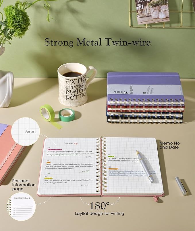 Graph Spiral Journal Notebook, A5 Hardcover Spiral Journals for Women Men, 100 GSM Graph Paper Notebooks, 150 Pages Spiral Bound Grid Notebook for Writing Note Taking Work 5.75" x 8.38", Blush Pink