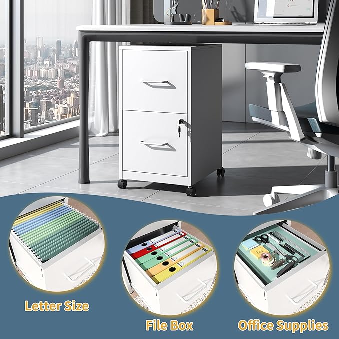 2 Drawer File Cabinet on Wheels, Mobile Filing Cabinets with Lock, Metal Storage Cabinet, Vertical Filing Cabinets for Home Office, Rolling File Cabinet for Under Desk, Amssebly Required,White