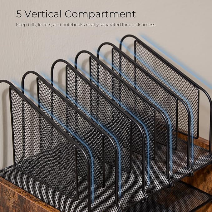 Y YOMA Mesh Desk Organizer with Drawer, 4-Tier Wood Desktop Organizer with 5 Vertical File Holders and 2 Pen Holders Office Desk Accessories for Home Dorm Classroom