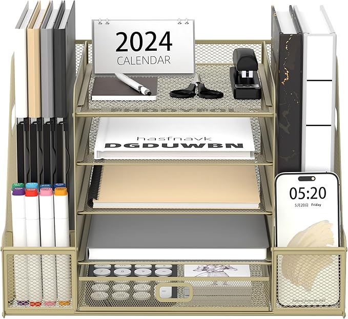 SUPEASY Mesh Desk Organizer with File Holder, 5-Tier Paper Letter Tray Organizer with Magazine Holder, Desktop Organizer and Storage with Drawer for Office Supplies Home or School, Yellow