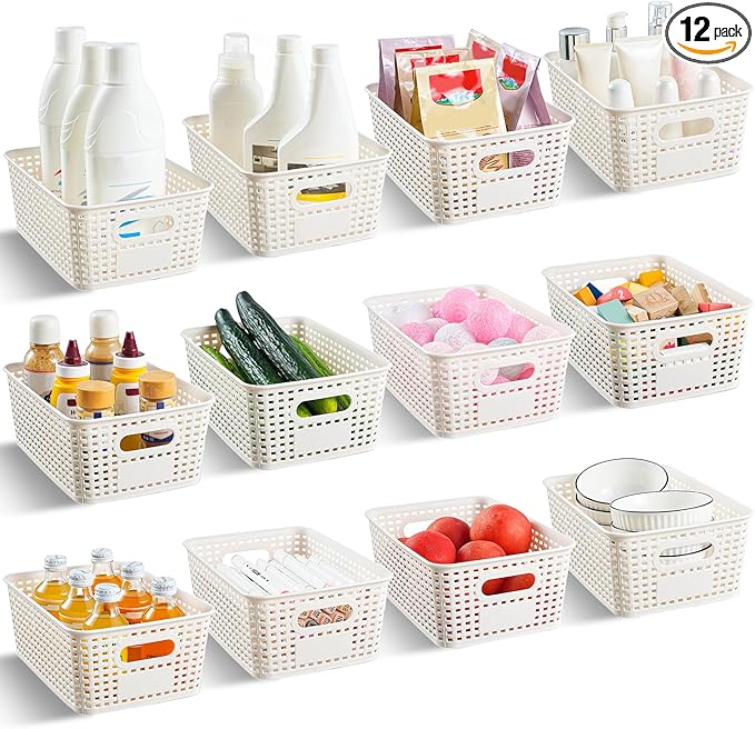 12 Pack Plastic Storage Baskets for Organizing, Storage Baskets for Shelves with Handles, Plastic Storage Bins with Labels, Organizer Baskets for Office, Pantry Organizers and Storage,Cabinet,Closet