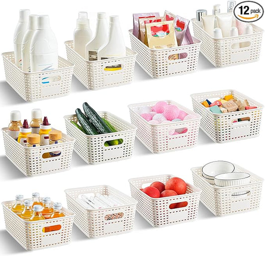 12 Pack Plastic Storage Baskets for Organizing, Storage Baskets for Shelves with Handles, Plastic Storage Bins with Labels, Organizer Baskets for Office, Pantry Organizers and Storage,Cabinet,Closet