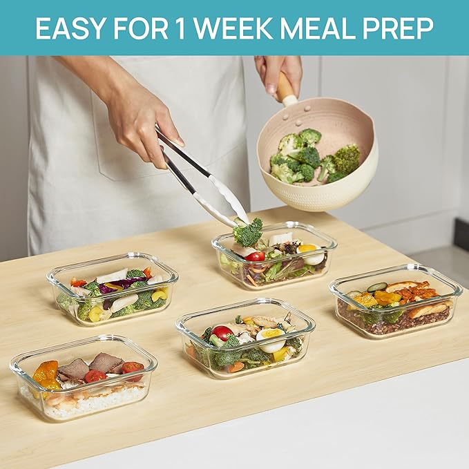 Vtopmart 5Pack 22oz Glass Storage Containers with Lids, Glass Meal Prep Food Container Sets with Snap Airtight Lids for Microwave, Oven, Freezer and Dishwasher, Grey