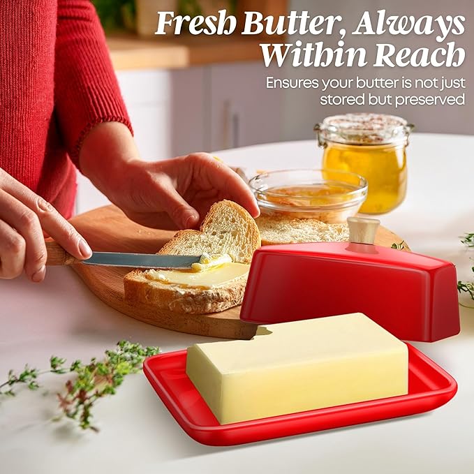 Flexzion Ceramic Red European Butter Dish with Lid for Countertop (7 Inch) - Wide 2 Stick Double Butter Holder for Counter, Cream Cheese Container Storage Keeper