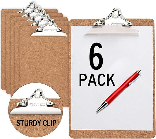 6 Clipboards Standard A4 Letter Size, 9x12.5 inch Wooden Clipboard with 6" Metal Clip, Hardboard, Ideal for 8.5 x 11 Inch Paper, for Office, School, and Home Use