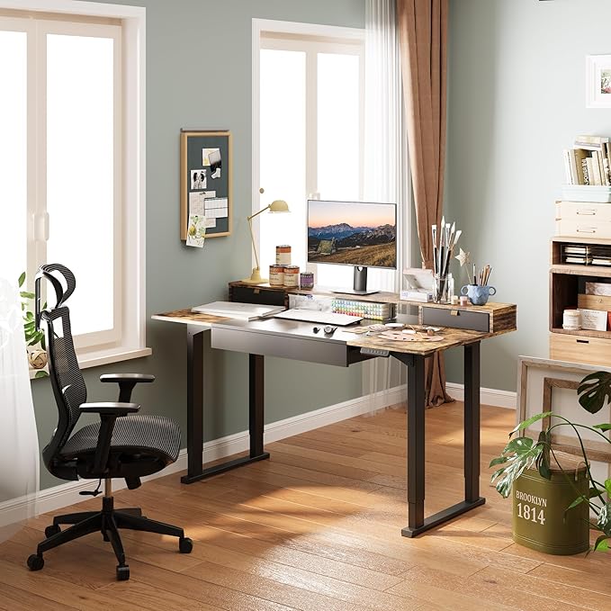 SANODESK Electric Standing Desk with 2 Drawers, 71 x 32 inch Height Adjustable Computer Desk, Home Office Stand Up Desk with 4 Preset Heights, Dark Walnut