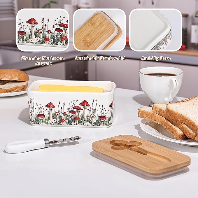Fungi Fun Ceramic Mushroom Butter Dish with Lid and Knife, Cute Butter Dish for Countertop and Fridge, Ceramic Container for Countertop with Lid and Selicon Seal, Ideal for Mushroom Kitchen Decor