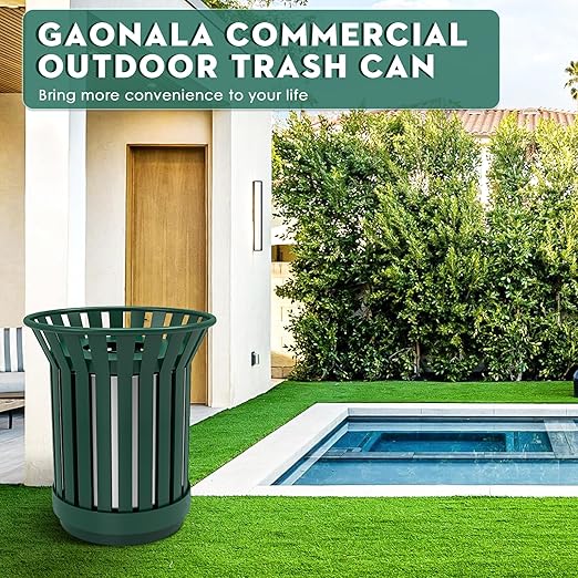25.2IN Round Large Outdoor Trash Can, Heavy Duty Metal Slatted Garbage Can Outdoor, All Weather Resistant Commercial Garbage Cans, Waste Receptacle in Park, Beach, Patio, Green