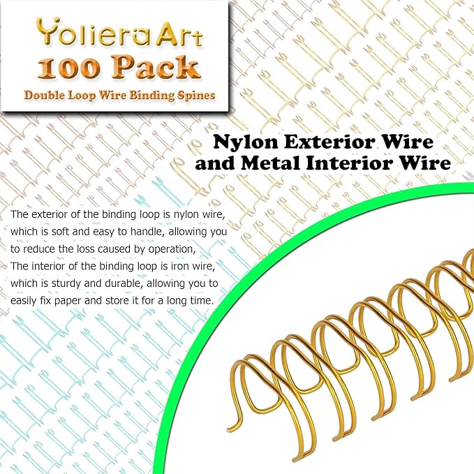 100 Pack Metal Twin Loop Binding Wire Coils, 34-Loop, 3/4" Cinch Book Binding Wire, 3:1 Pitch, YolieraArt Double Loop Bindings180 Sheet Capacity Fit for School Office Notebook Maker Gold