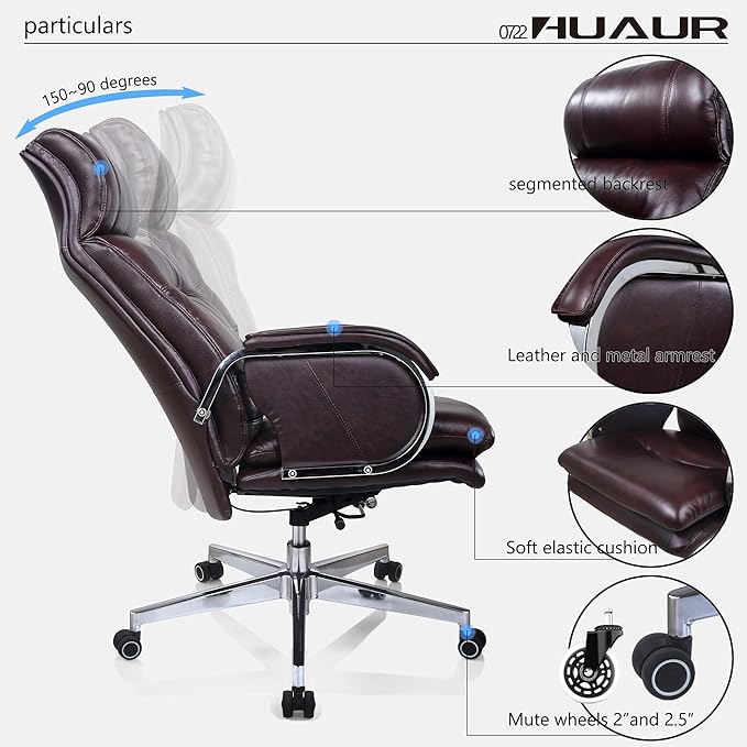 Genuine Leather Modern Executive Chair High-Back Support 90 to 150 Degrees Tilt and Upholstered Home Desk Chair with Base 360LB Capacity Swivel Computer Office Chair (Brown)