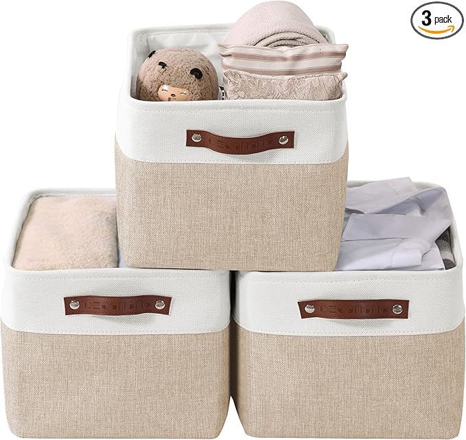 DECOMOMO Storage Baskets for Shelves - Fabric Storage Bins, Linen Closet Organizers and Storage (Beige & White, Large - 3 Pack)