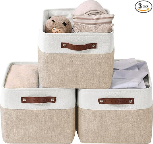 DECOMOMO Storage Baskets for Shelves - Fabric Storage Bins, Linen Closet Organizers and Storage (Beige & White, Large - 3 Pack)