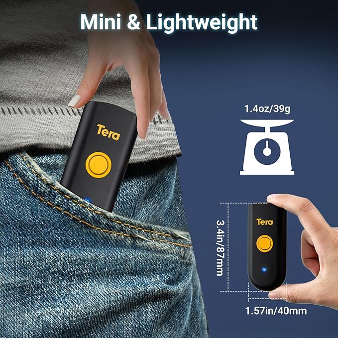 Tera Mini 1D Barcode Scanner: Pocket Waterproof Wireless Laser Scanner 3 in 1 Compatible with Bluetooth USB Wired Portable Bar Code Reader for Logistics Work with iOS Windows Android 1100L Yellow