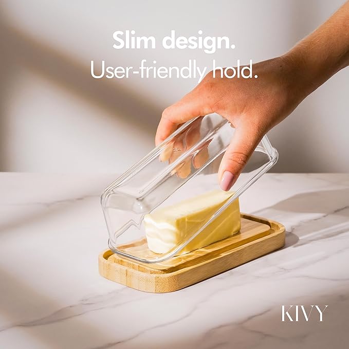 KIVY Glass butter dish with airtight lid that keeps butter soft - For countertop and refrigerator door shelf - Butter tray fridge - Butter holder for counter - Covered butter dishes with lid