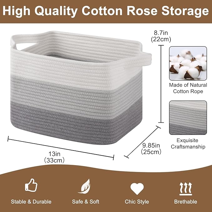 Storage Basket for Organizing, Woven Baskets for Storage, Rectangle Decorative Baskets for Shleves, Closet, Toys, Books, Nursery Organizer Bins - Pack of 3 (Gradient Gray, 13"x9.85"x8.7")