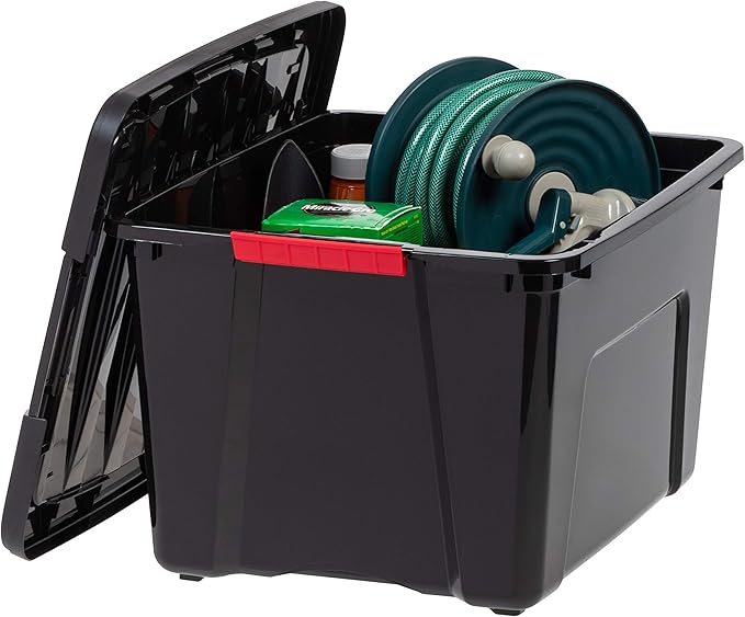 IRIS USA 40 Qt Stackable Plastic Storage Bins with Lids, 4 Pack - BPA-Free, Made in USA - Garage Organizing Solution, Latches, Durable Nestable Containers, Secure Pull Handle - Black