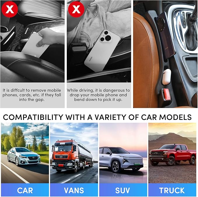 2 Pack Car Seat Gap Filler, PU Leather Universal Fit for Cars Trucks SUVs, Gap Stopper Between Seat & Console with Storage Organizer, Stop Items from Dropping (Black)