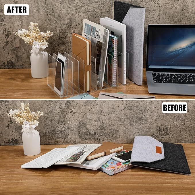 Ctosree Acrylic File Organizer for Desk Vertical 15 Compartments File Sorter Mail Organizer Desktop Countertop Folder Stand Racks for Office Home School Desk(Rectangle,Clear)
