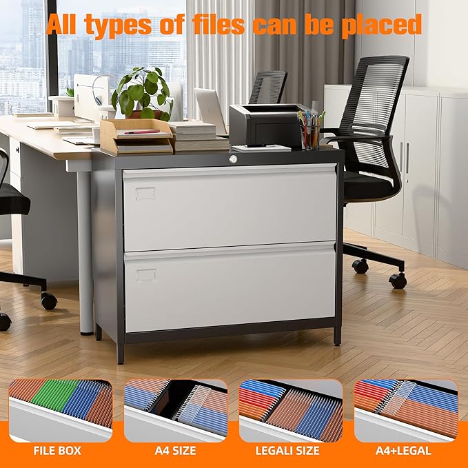 Metal Lateral File Cabinet with 2 Drawers, Wide Lateral Filing Cabinet with Lock for Hanging Files Letter/Legal/F4/A4 Size for Home Office School, Black and Grey, Assembly Required