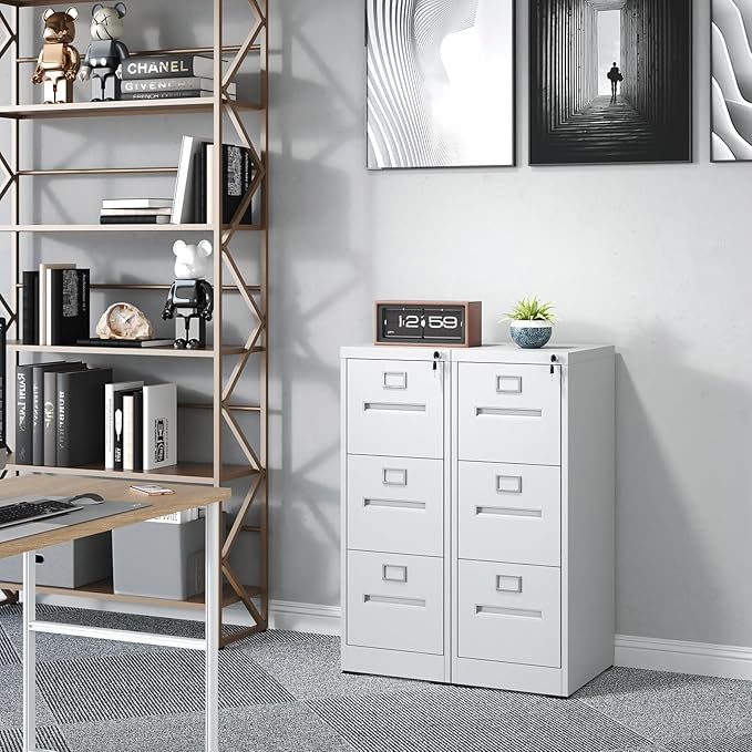 3 Drawer File Cabinet with Lock, Metal Vertical Filing Storage Cabinet for Home Office, Locking Vertical File Cabinets for A4 Legal/Letter Folders, Silent Sliding Drawers, Easy Assemble (White)