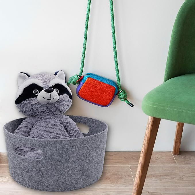 Welaxy Large Storage Basket Felt Open Storage Bins Desk Organize bin Shelf Box with Handles Light Weight for Magazines Books Junk Kids Toys Pet Toy Clothes Laundry Organizer Round (Gray)