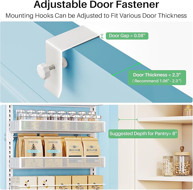 SNTD Over the Door Pantry Organizer - 8 Tier Adjustable Pantry Door Spice Organizer, Large Capacity Hanging Door Spice Rack for Kitchen Pantry Organizers and Storage (White, 17" W x 6" D x 69" H)