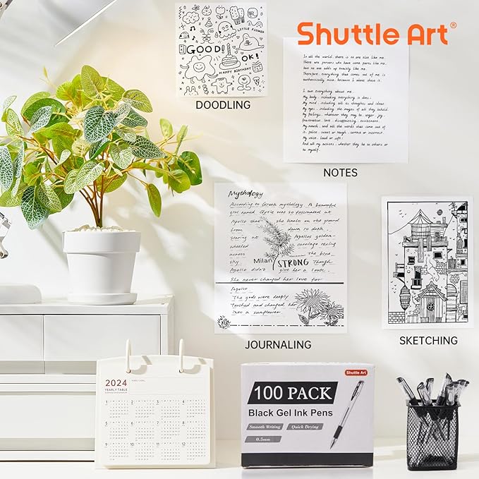 Shuttle Art Black Gel Pens, 100 Pack Fine Point Black Ink Pens Bulk, 0.5mm Rollerball Gel Ink Pens Smooth Writing with Comfortable Grip for Office, School and Home