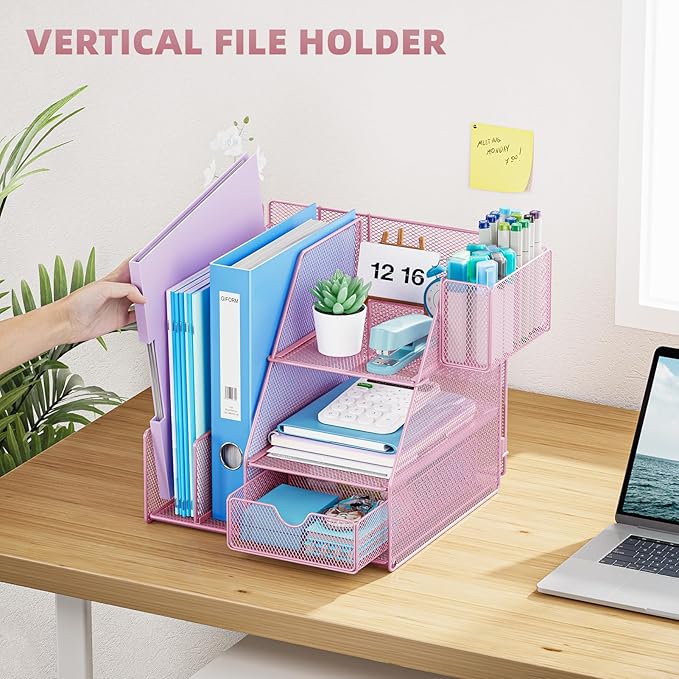 Marbrasse Desk Organizer and Accessories, 3-Tier File Organizer with Drawer and Pen Holder, Small Desktop Organizer and Storage for Workspace Office Supplies Pink
