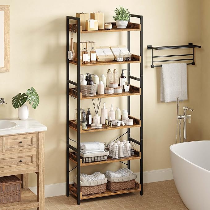 Rolanstar Bookshelf 6 Tier with 4 Hooks, Industrial Wood Bookcase, Vintage Storage Rack with Open Shelves, Rustic Standing Bookshelves Metal Frame Display Rack for Living Room, Bedroom, Rustic Brown