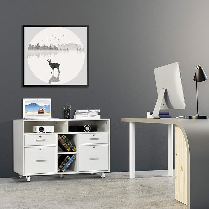 VINGLI Wood Mobile File Cabinet with 4 Drawers and Shelves, Printer Stand with Open Storage, Lockable Lateral Filing Cabinet for Home Office, Assembly Required, Light Beige Close to White