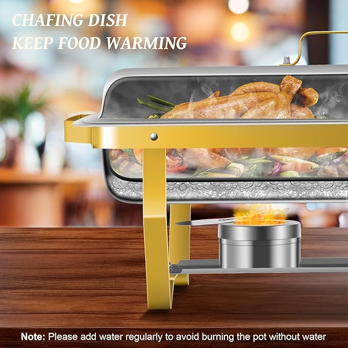 Rengue 9.5QT Chafing Dishes for Buffet, 4 PCS Golden Stainless Steel Chafing Dish Buffet Set, Buffet Servers and Warmers Heating & Cooling Food Warmers for Parties Buffet,Banquets,Weddings,Gatherings