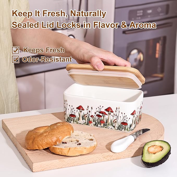 Fungi Fun Ceramic Mushroom Butter Dish with Lid and Knife, Cute Butter Dish for Countertop and Fridge, Ceramic Container for Countertop with Lid and Selicon Seal, Ideal for Mushroom Kitchen Decor
