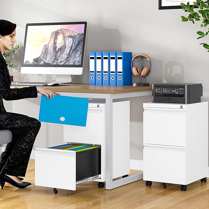 SISESOL Assembled 2 Drawer File Cabinet on Wheels,Metal Filing Cabinet with Lock,White Rolling File Cabinets,Under Desk Office Cabinets for Home Office,Fit A4/Letter/Legal,Pre-Assembled Except Caster