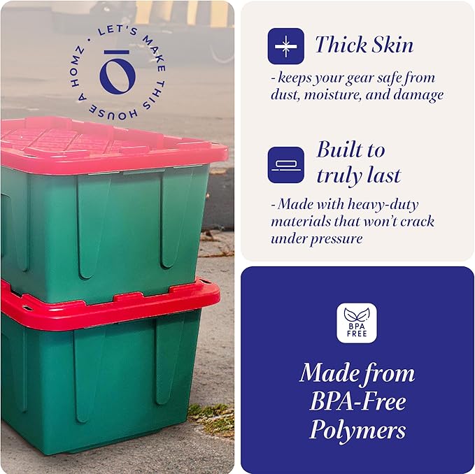 HOMZ 2-Pack Durabilt, Heavy Duty Plastic Storage Bins with Lids, 27 Gallon, Green/Red - Stackable Container Boxes for Holiday, Attic, and Garage Organization