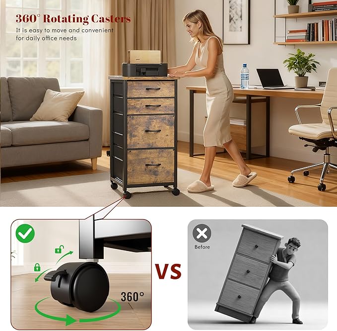 4 Drawers Mobile File Cabinet Vertical Filing Cabinet with Fabric Drawer Fits A4/Letter Size Printer Stand for Home Office，Rustic Brown