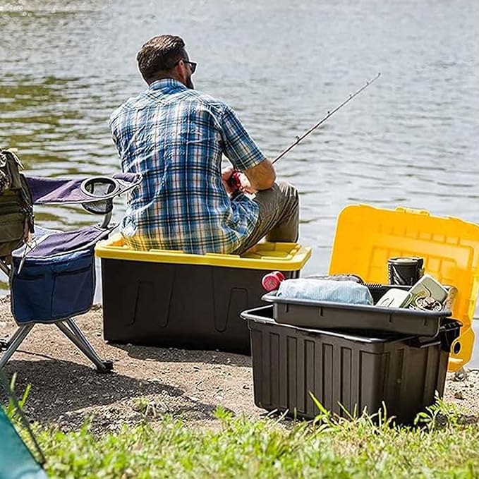 HOMZ 6-Pack Durabilt Tote, Heavy Duty Plastic Storage Bins with Lids, 15 Gallon, Black/Yellow - Stackable Organizing Containers for Home, Garage, and Office