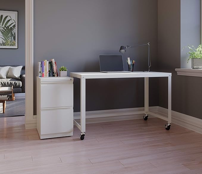 20 Inch Deep Metal Mobile Pedestal File 2 Drawer File-File with Full Width Pull, for Home and Office, Holds Letter Width Hanging Folders, White